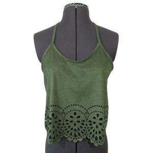 Poetry women's green faux suede laser cutout racerback crop festival top